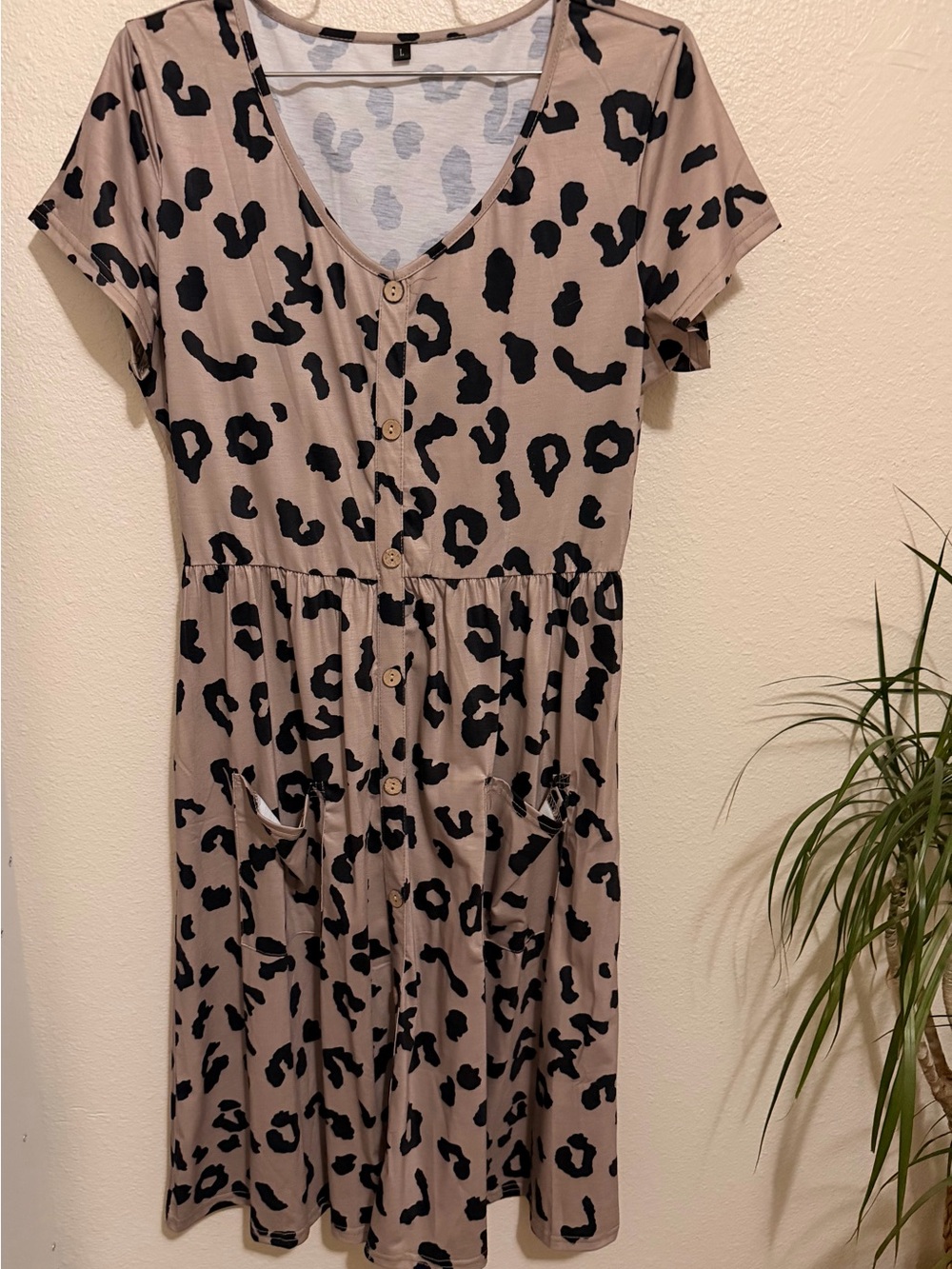 Amazon Taupe Dress with Black Leopard Print and Buttons